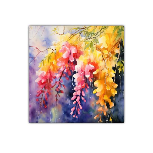 Cuadro vibrante con flores colgantes en tonos cálidos y morados