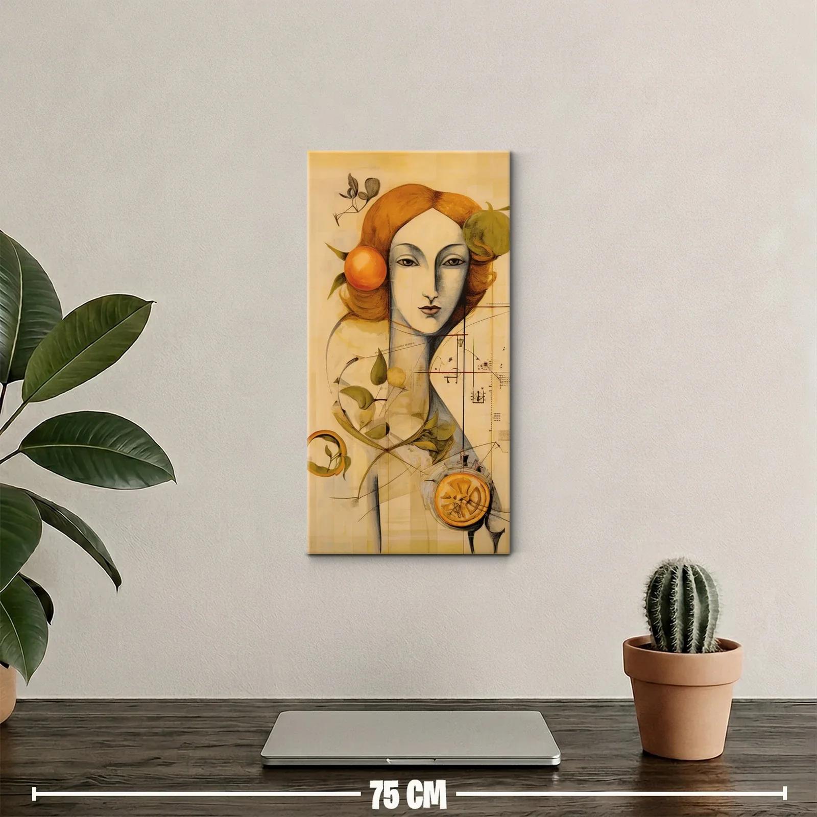 Cuadro rostro femenino con naranjas y marcas geométricas — miniatura 2