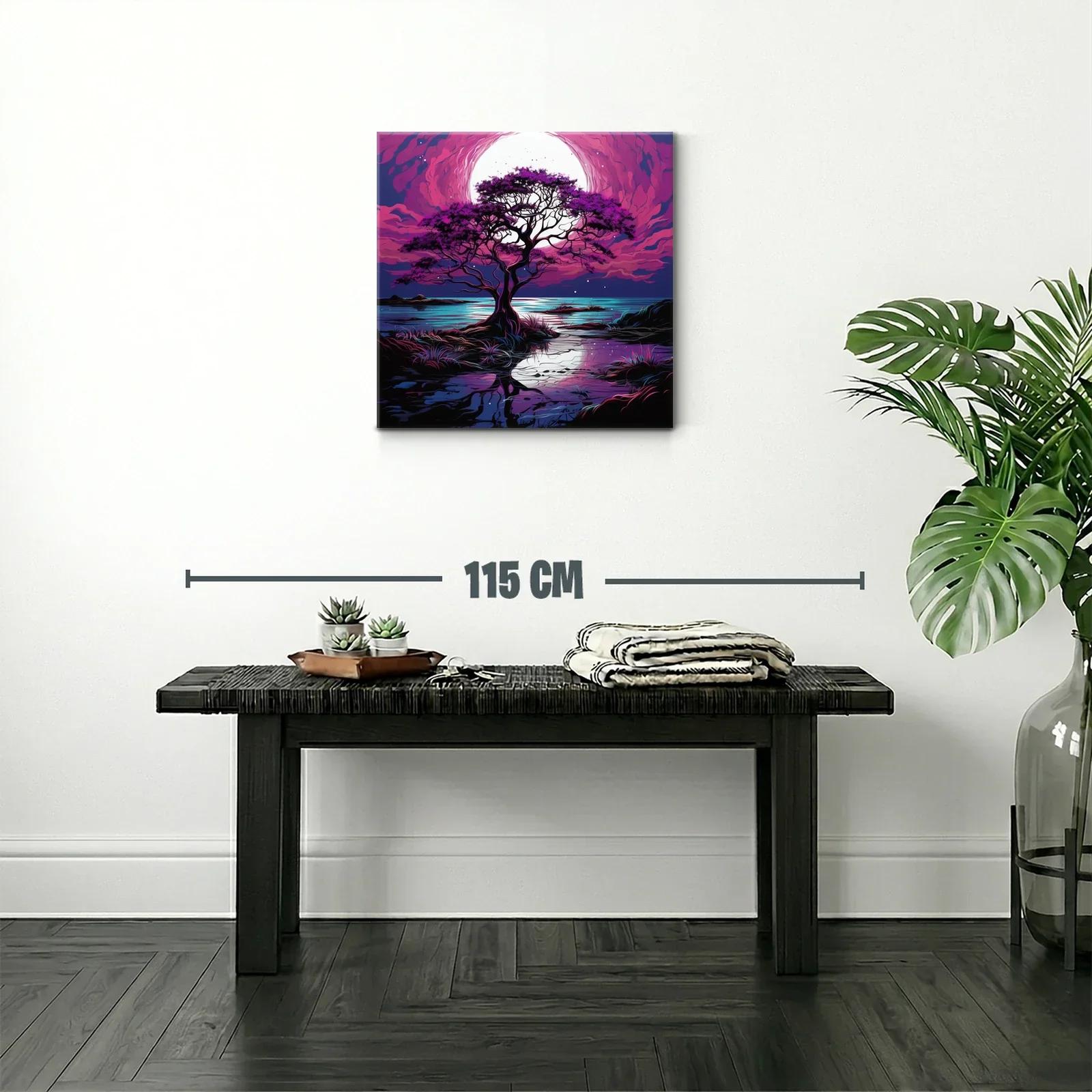 Árbol solitario bajo la luna en tonos morados y azules — miniatura 2