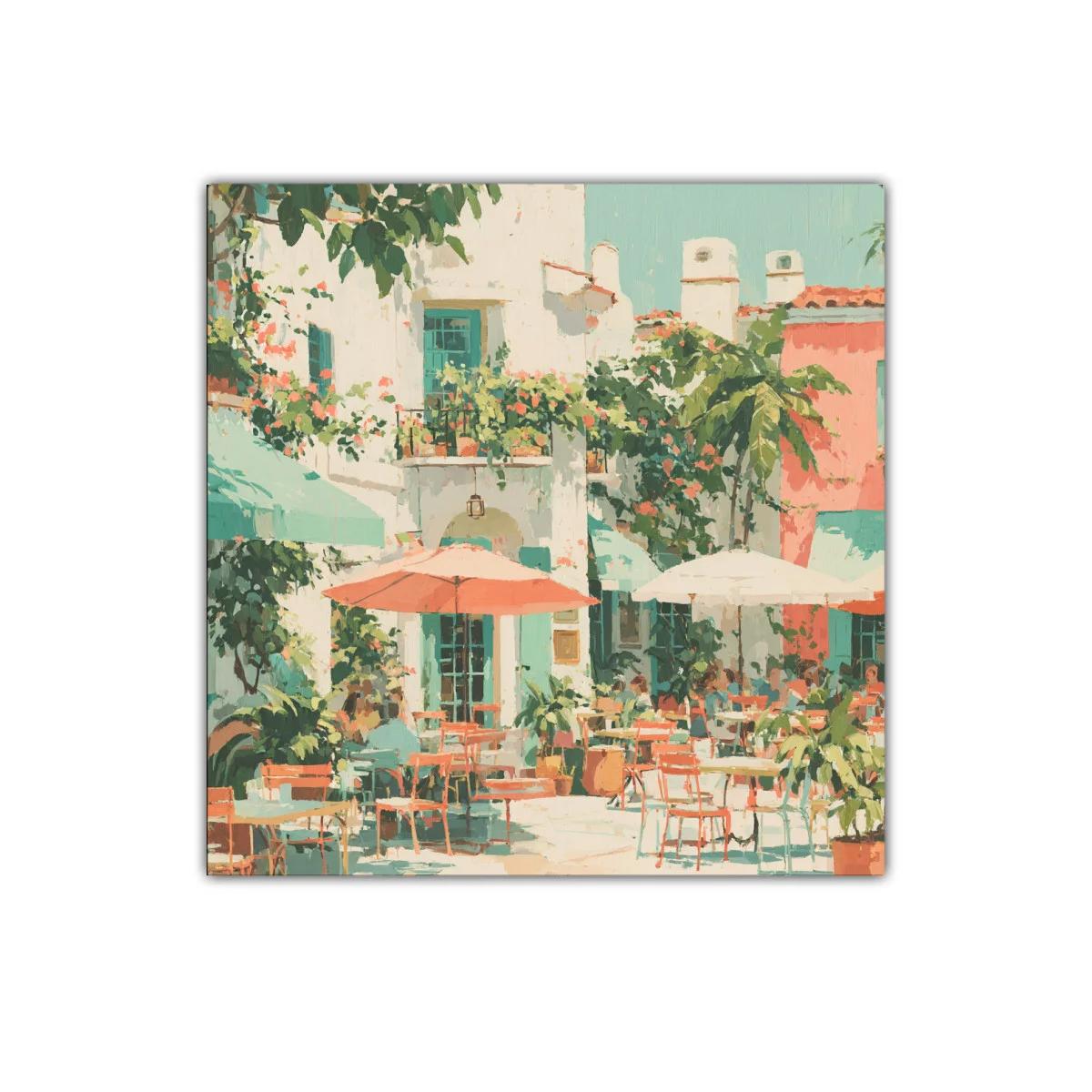 Encantador rincón de terraza mediterránea con sombrillas y flores — imagen principal