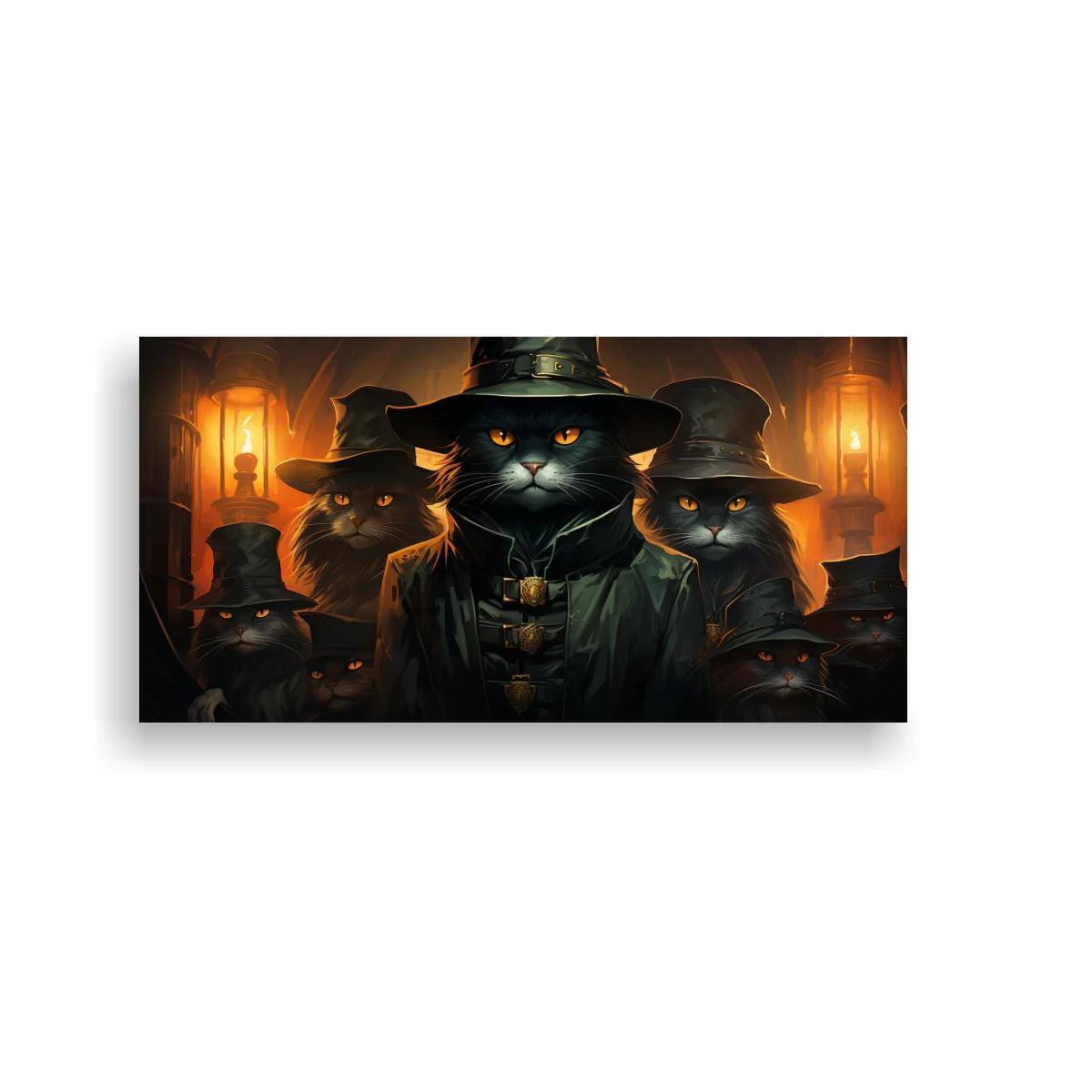 Cuadro grupo de gatos negros con sombreros de bruja y luces cálidas