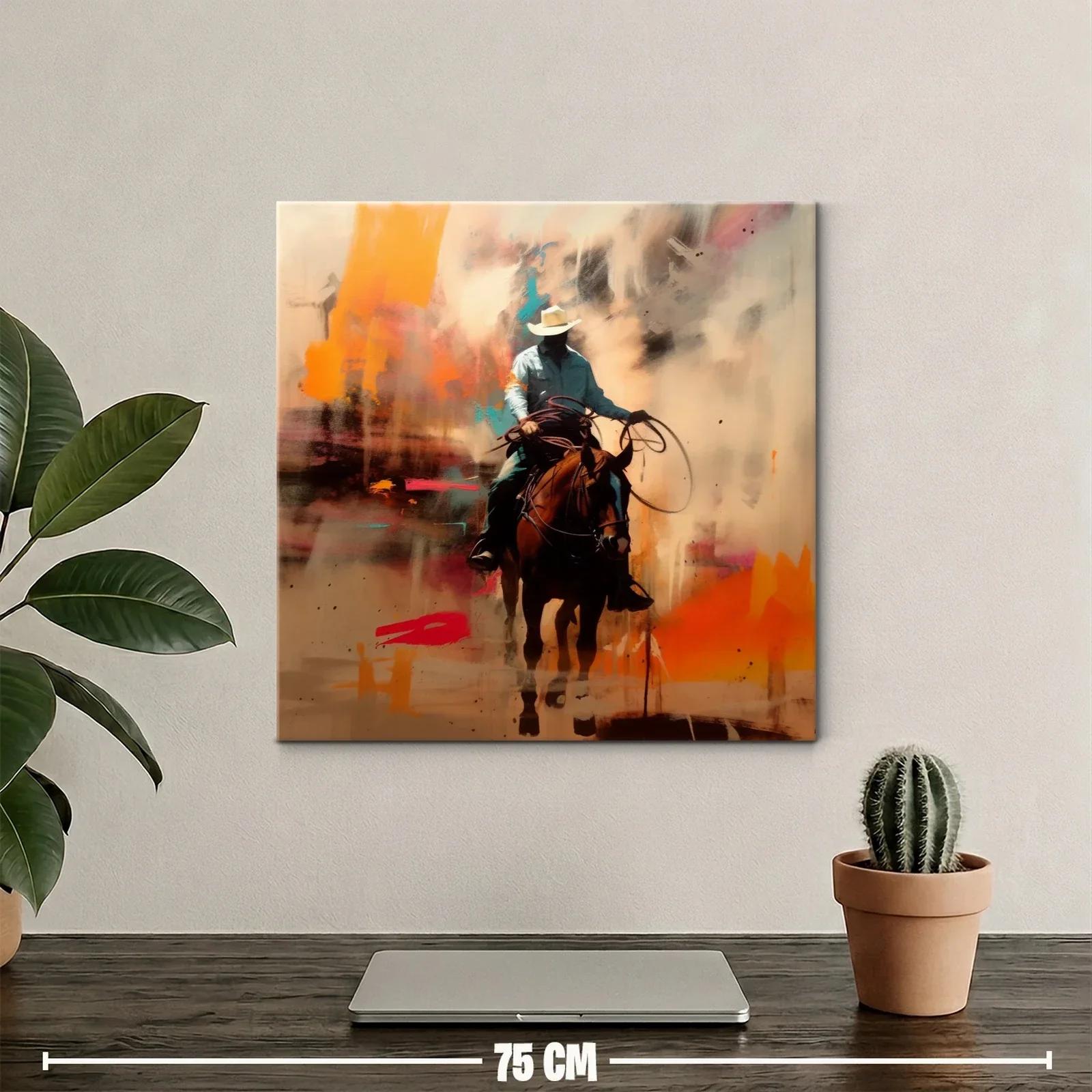 Cuadro de vaquero montando caballo con tonos cálidos y vibrantes — miniatura 2