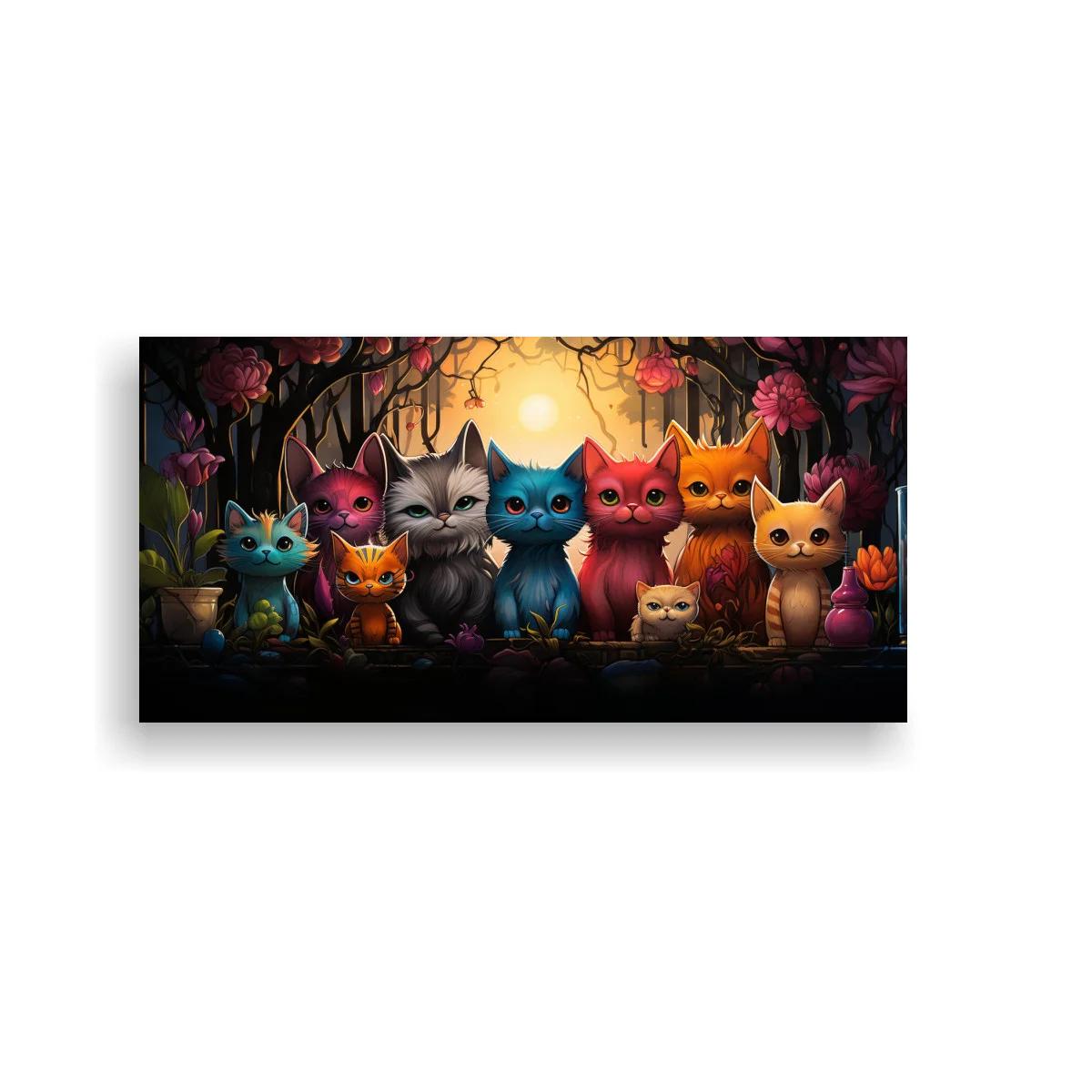 Cuadro grupo de gatos de colores en bosque luminoso