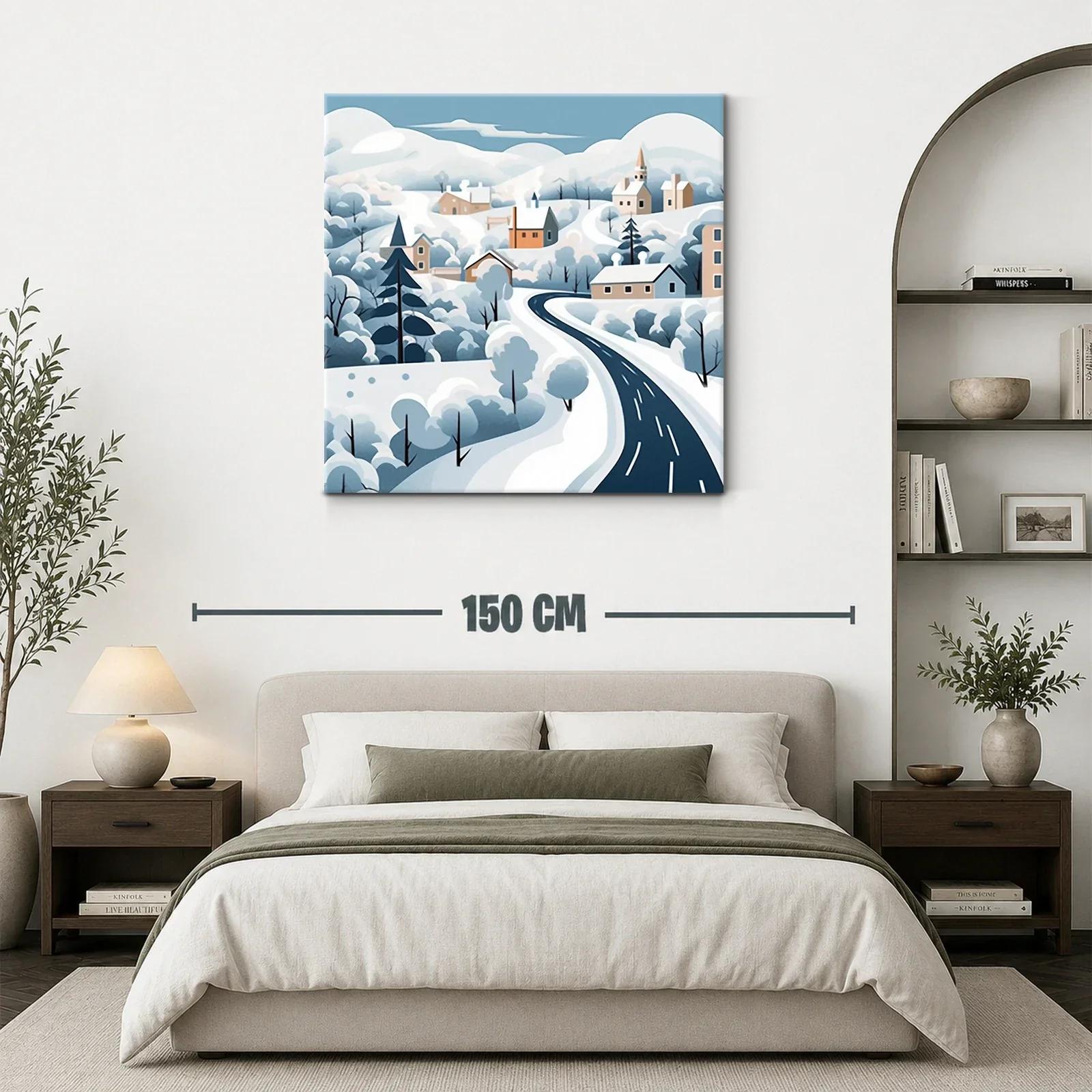 Paisaje invernal con carretera serpenteante y casas — miniatura 3