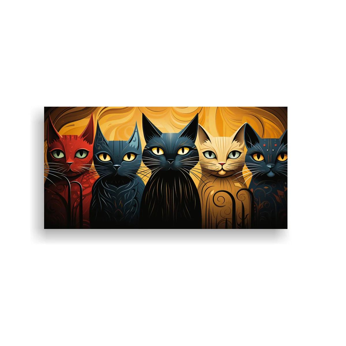 Cuadro cinco gatos con fondo de patrones ondulados