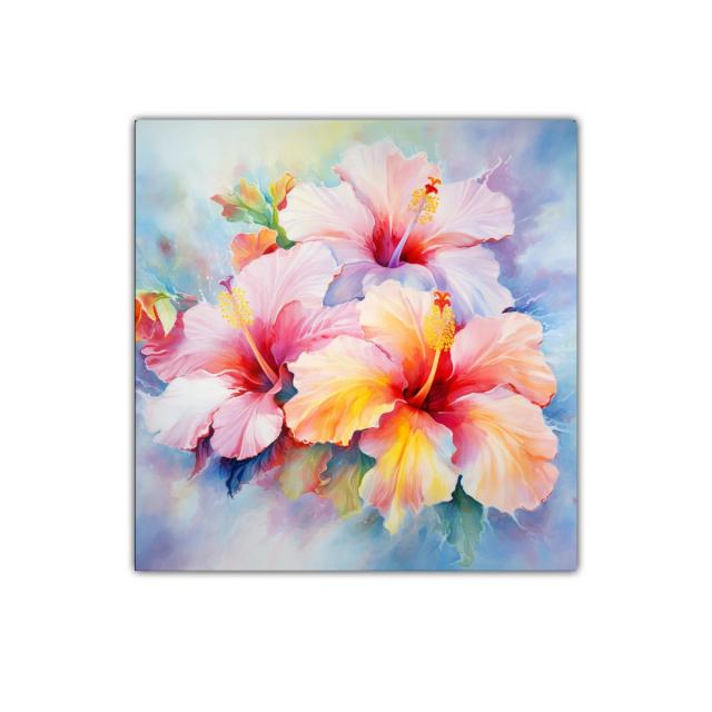 Cuadro decorativo de hibiscos en tonos pastel vibrantes