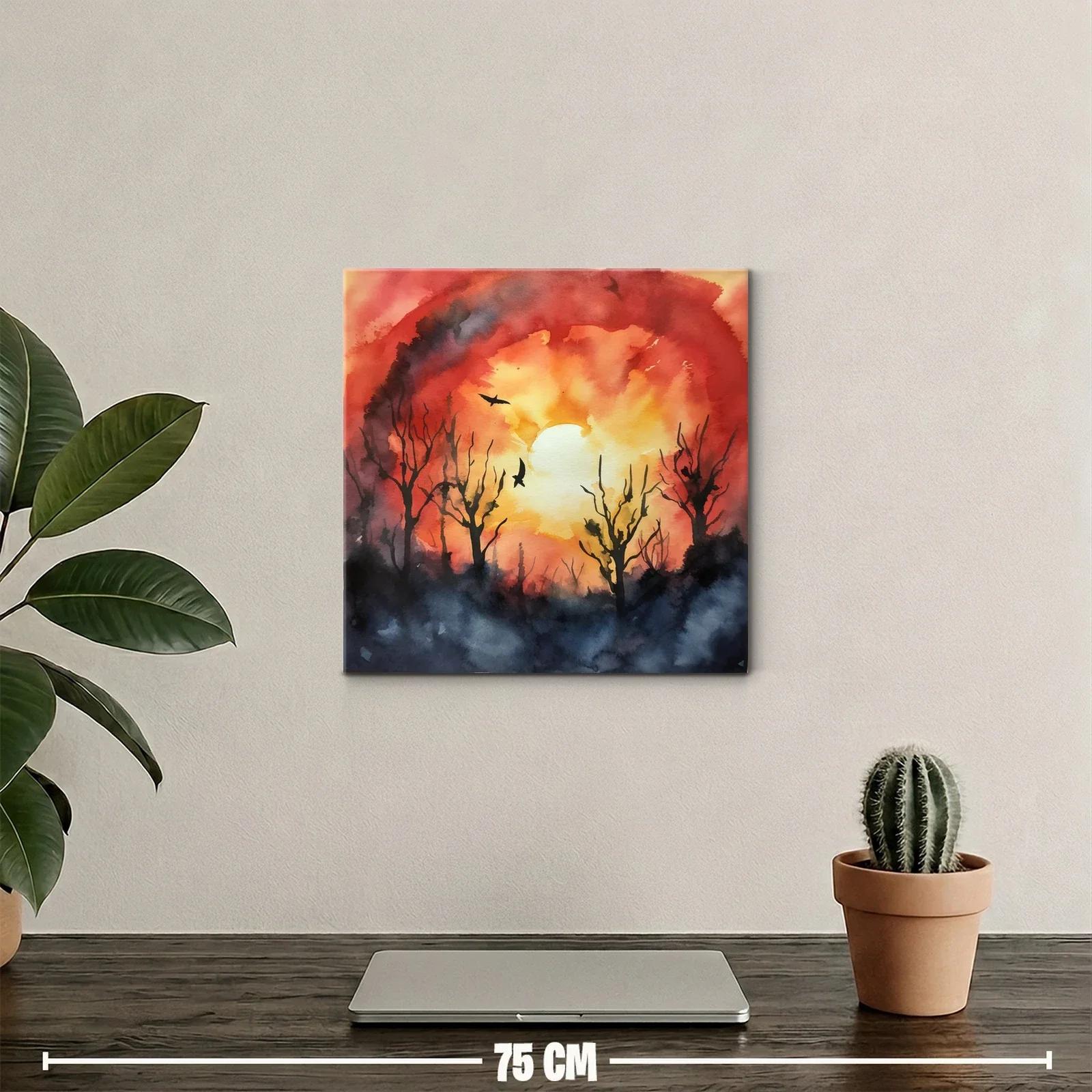 Atardecer vibrante con siluetas de árboles y aves en vuelo — miniatura 2