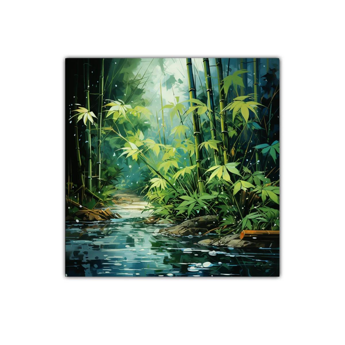 Rincón de bambú junto al riachuelo entre luces suaves — imagen principal