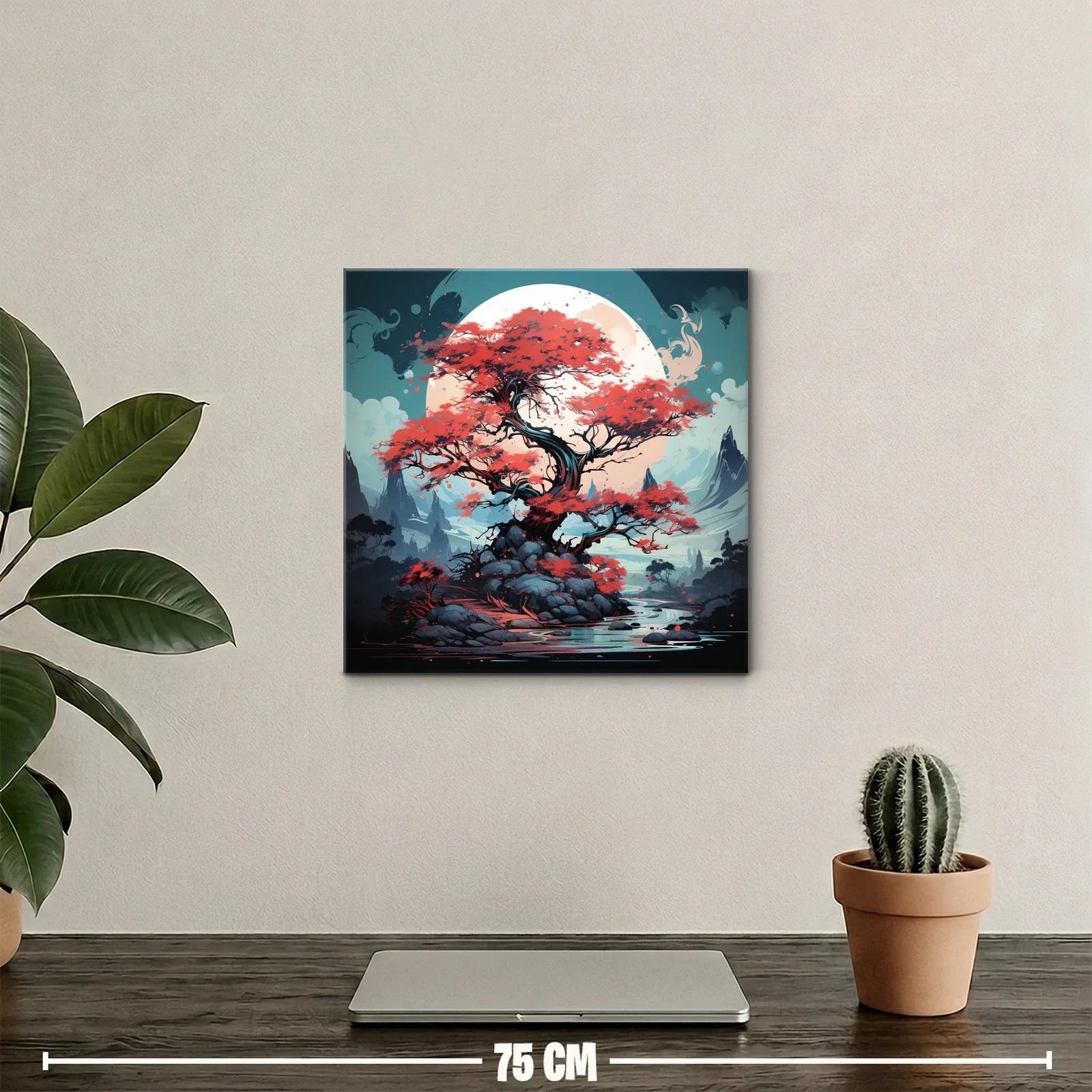 Árbol rojo frente a luna gigante en paisaje místico — miniatura 2