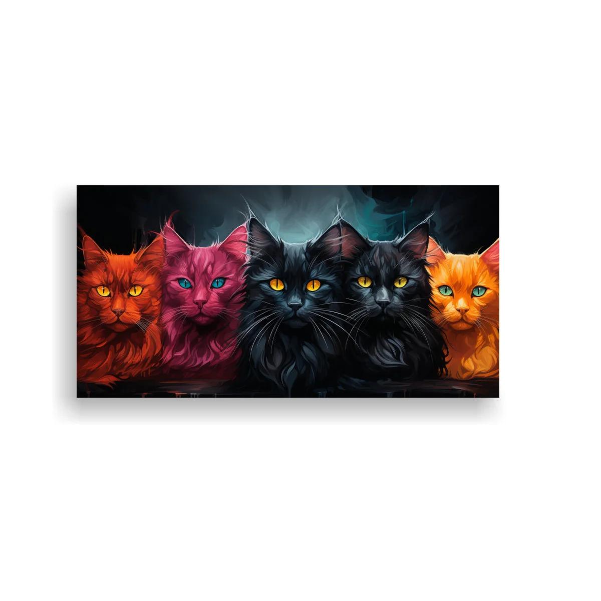 Cuadro grupo de gatos de colores en fila horizontal