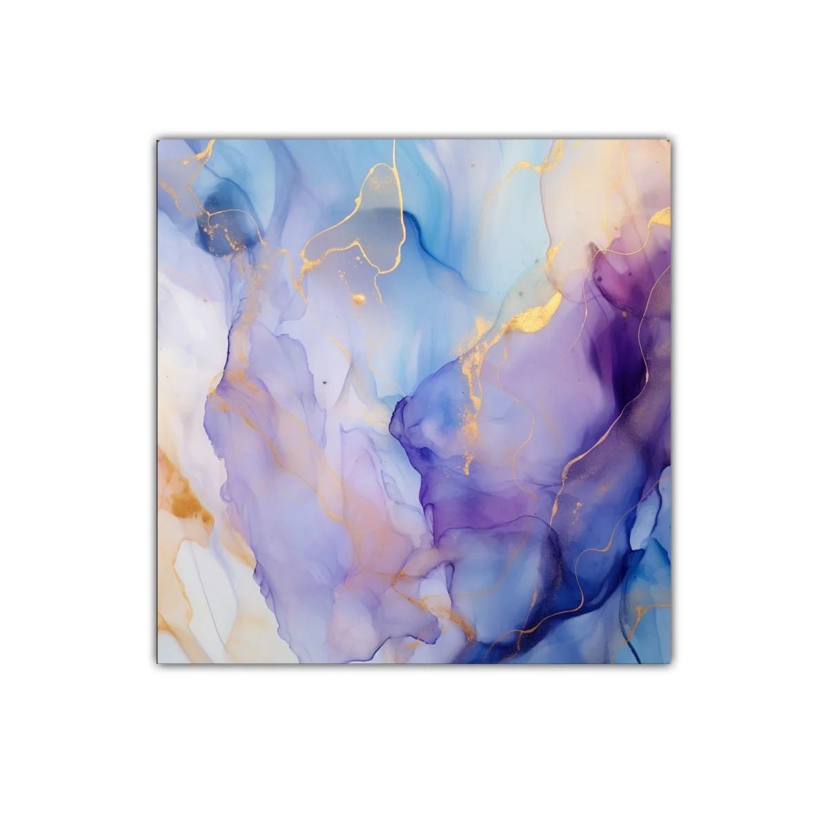Cuadro decorativo con formas fluidas en tonos azul violeta y dorado