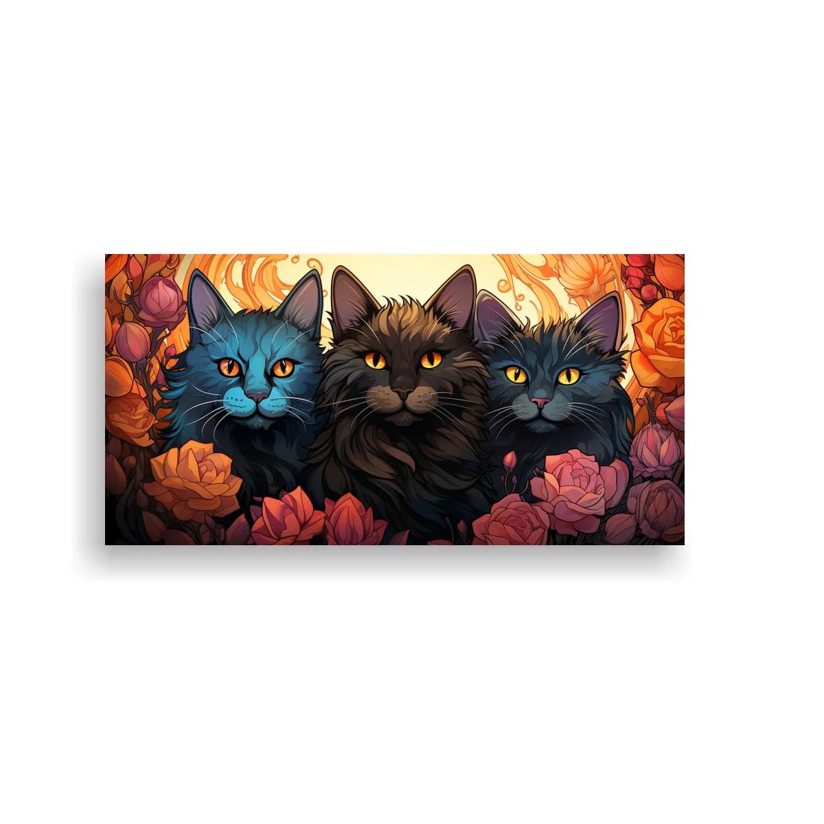 Cuadro tres gatos de pelo largo con fondo floral brillante