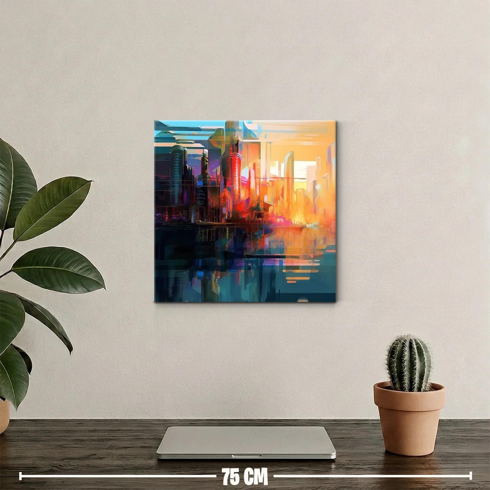 Atardecer vibrante sobre ciudad futurista y su reflejo — miniatura 2