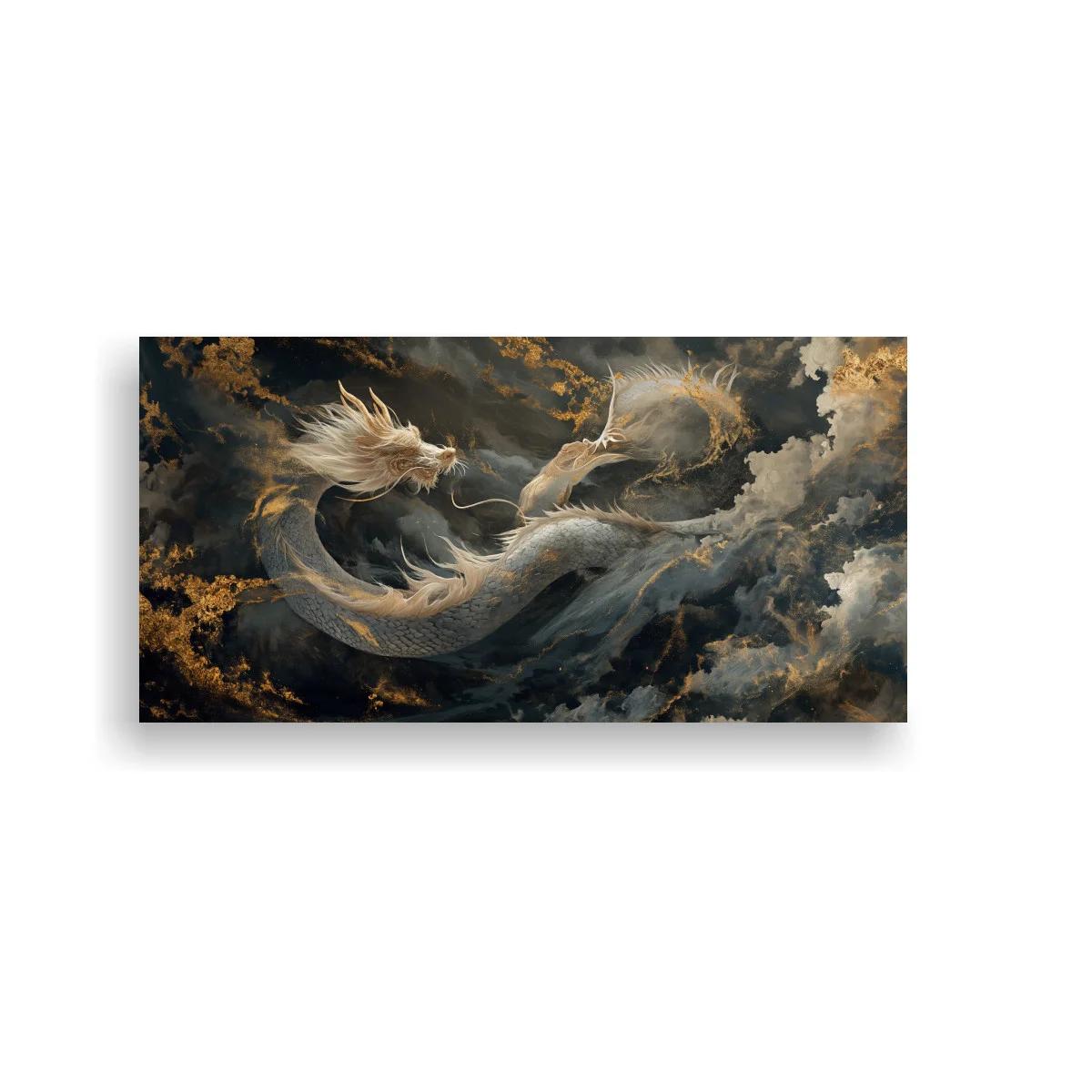 Cuadro dragón oriental blanco entre nubes y niebla