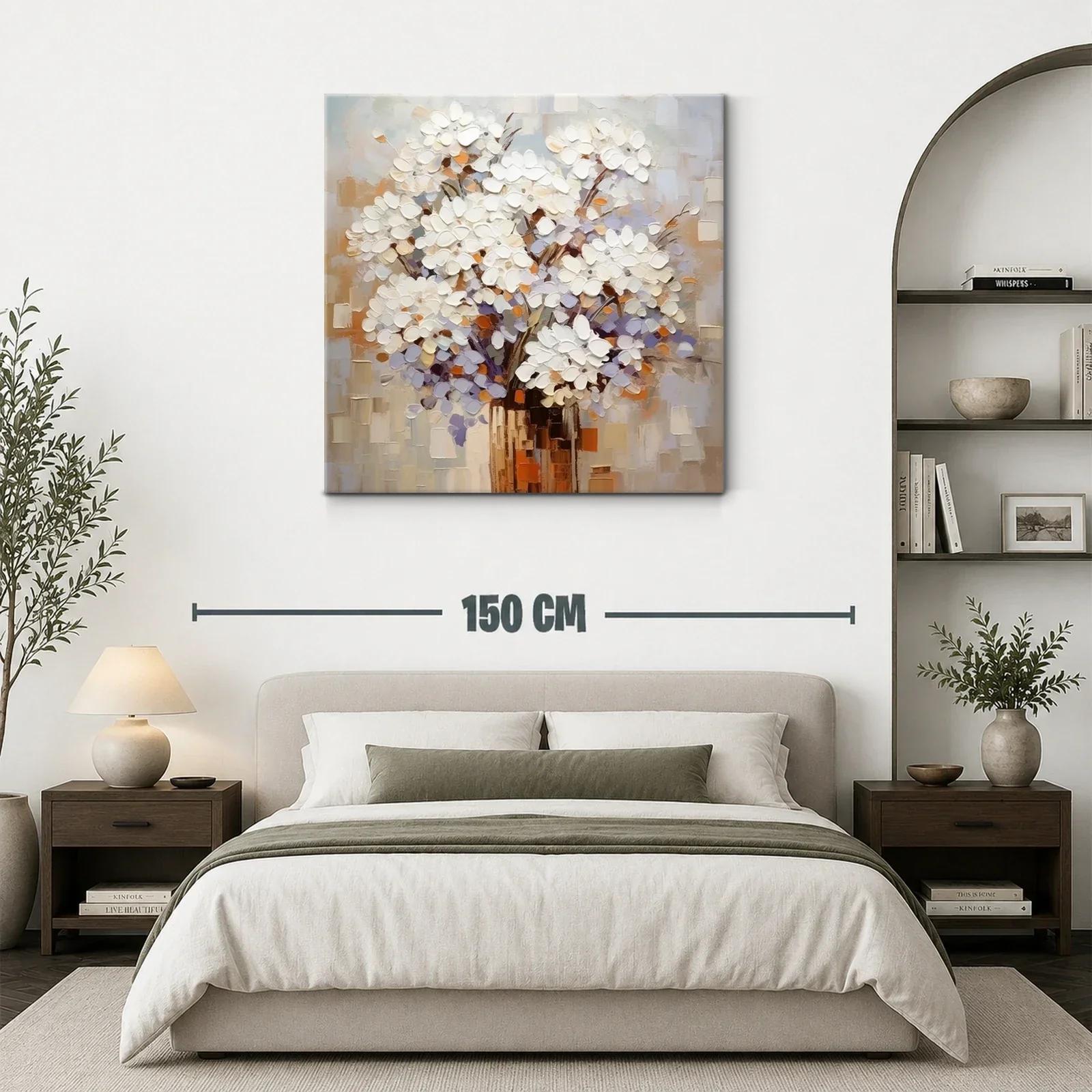 Cuadro moderno con ramo de flores blancas y tonos cálidos — miniatura 3