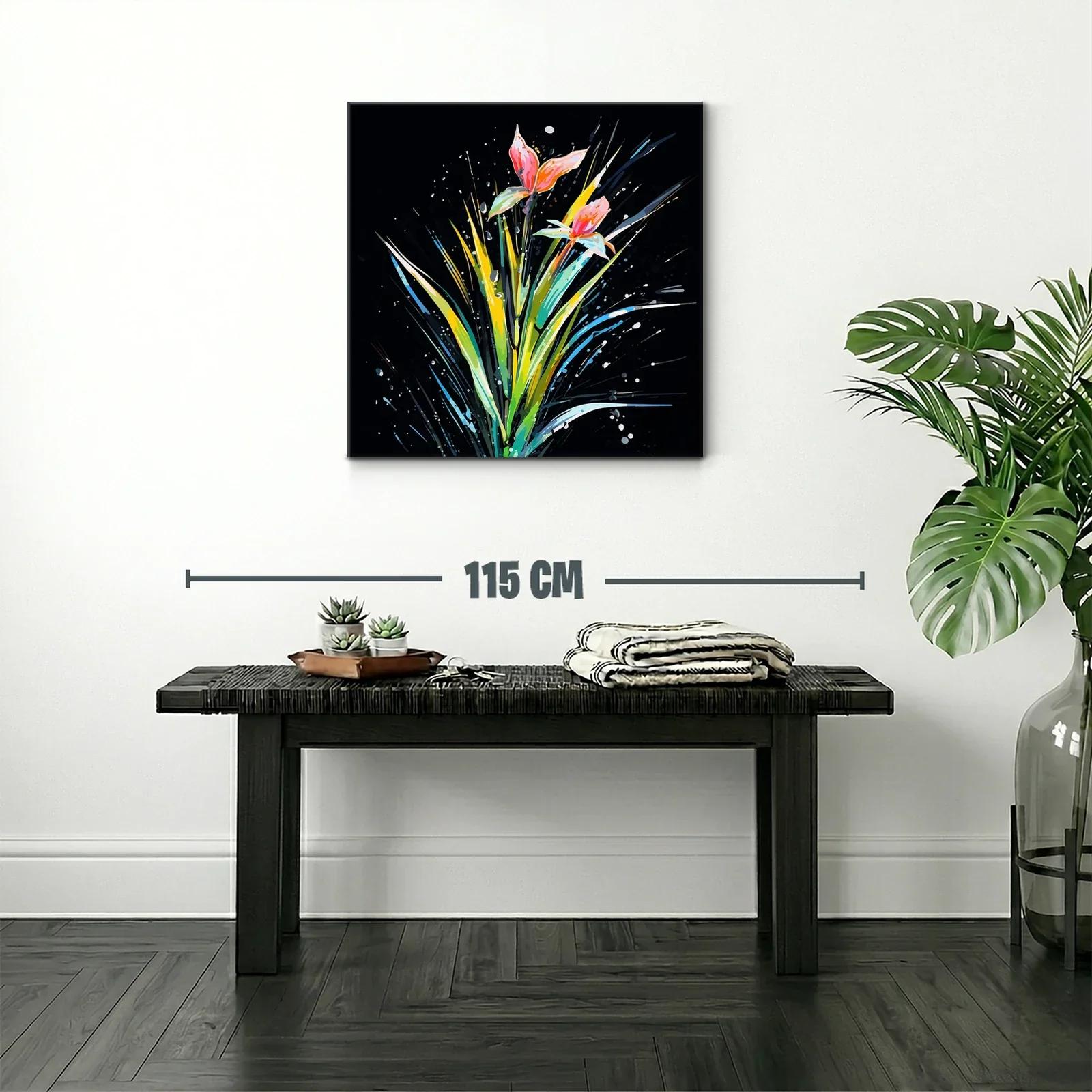 Cuadro moderno con flores vibrantes sobre fondo oscuro — miniatura 2