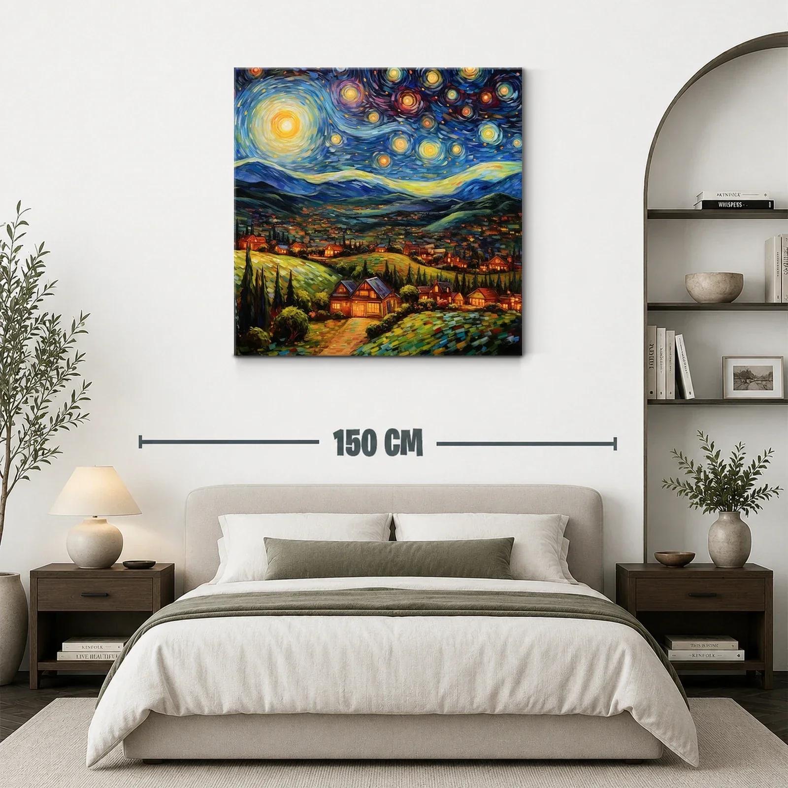 Paisaje Nocturno con Estrellas y Casas Iluminadas — miniatura 3
