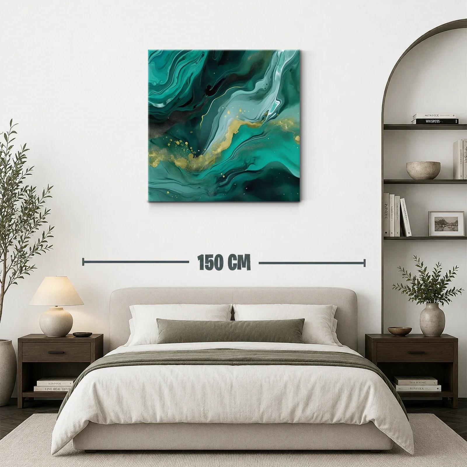 Cuadro abstracto en tonos verdes con detalles dorados — miniatura 3