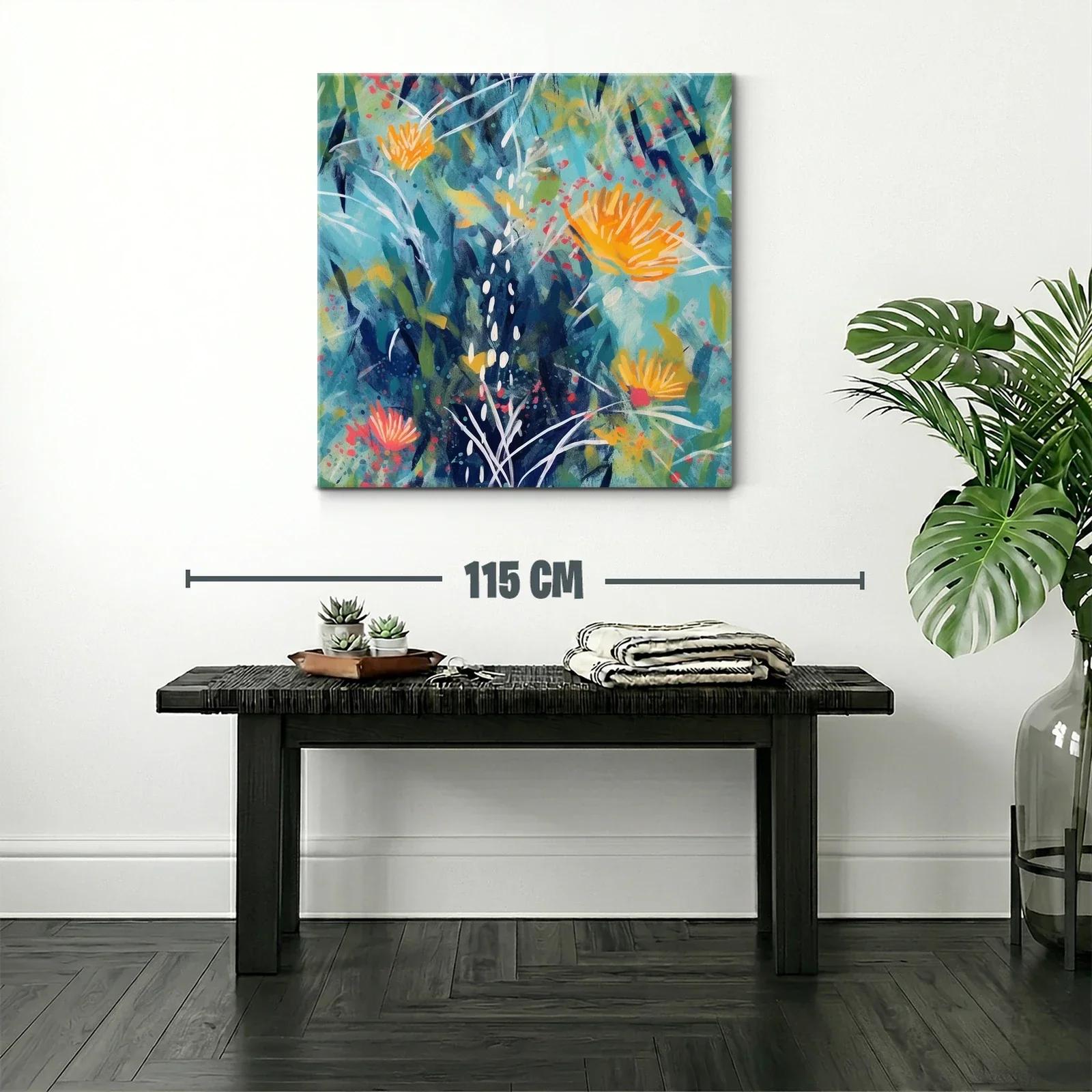 Cuadro abstracto floral en tonos azules y naranjas vivos — miniatura 2