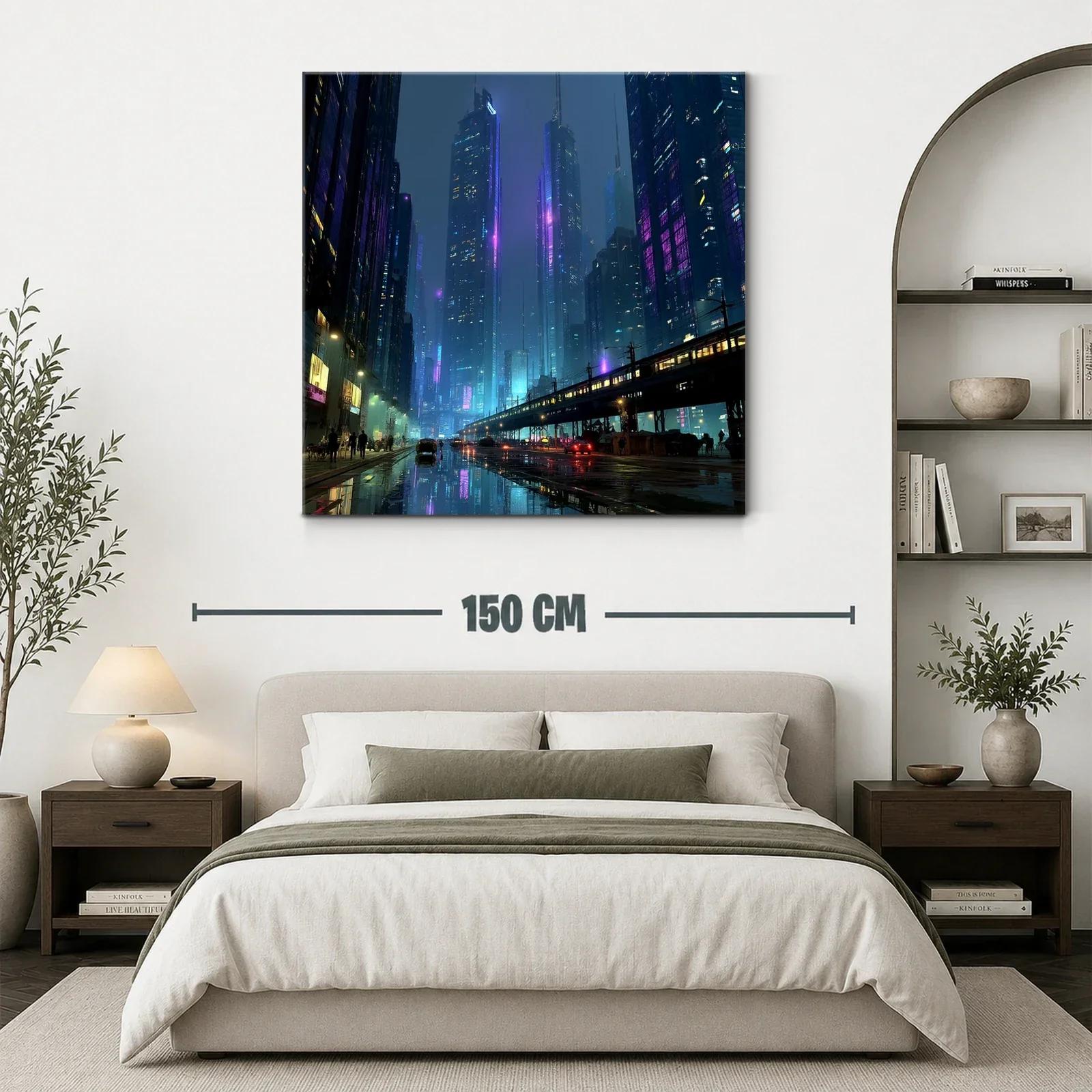 Ciudad nocturna futurista con luces de neón y reflejos urbanos — miniatura 3