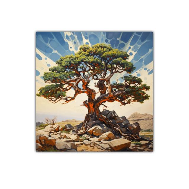 Árbol robusto con ramas entrelazadas sobre rocas áridas
