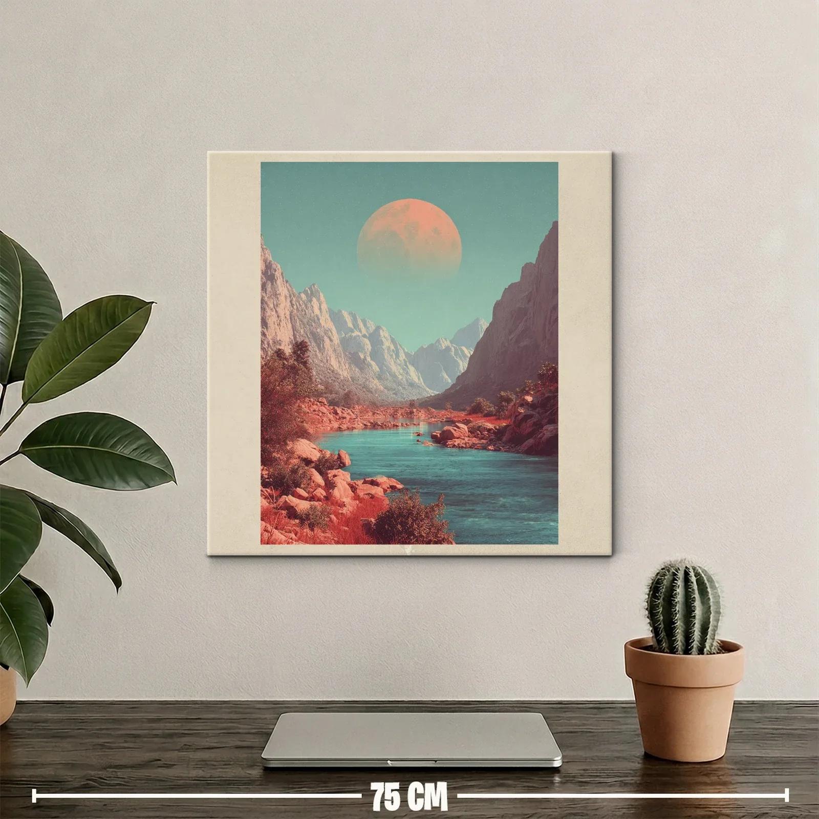 Paisaje montañoso con río y luna en tonos cálidos y fríos — miniatura 2