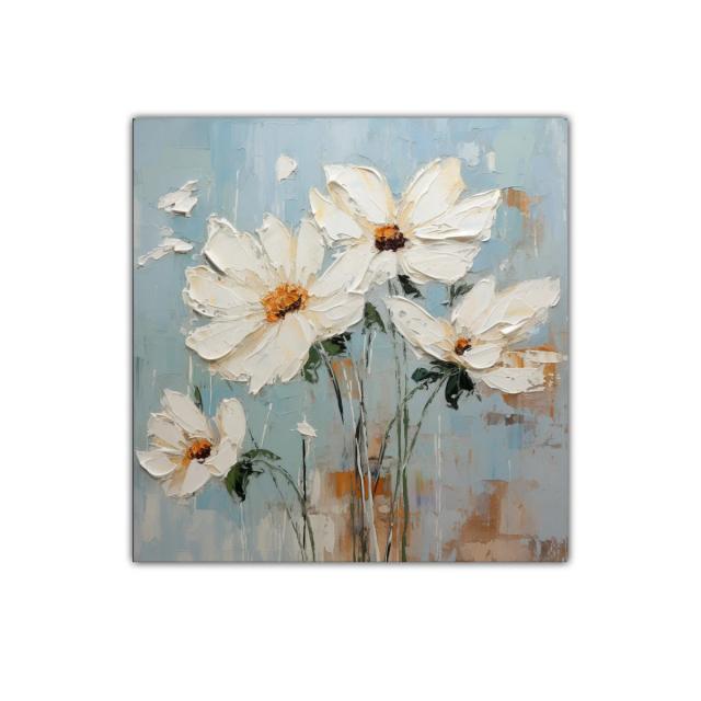 Cuadro floral con grandes flores blancas y fondo azul suave