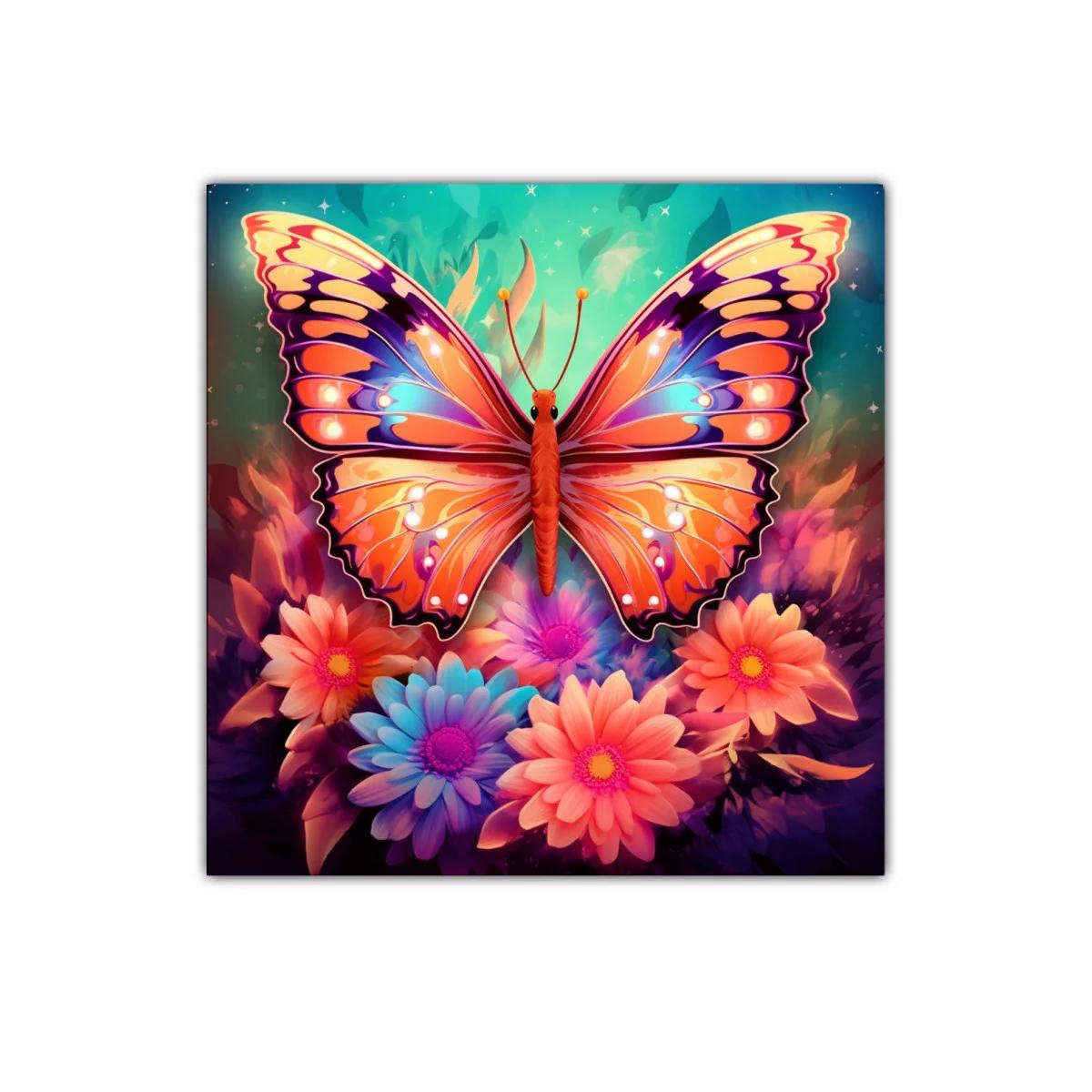 Mariposa vibrante sobre flores multicoloridas en fondo onírico