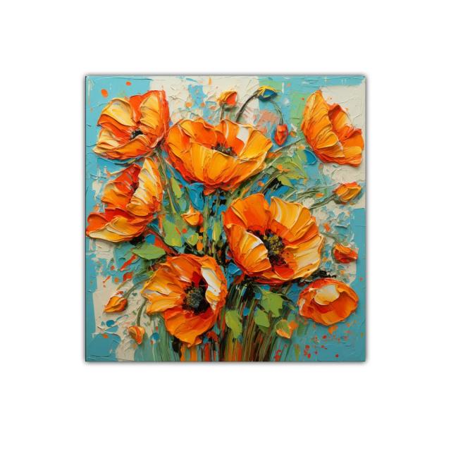 Cuadro decorativo con vibrantes flores anaranjadas y fondo azul
