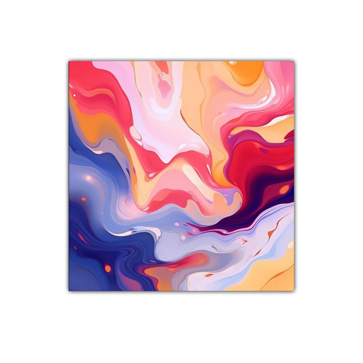 Cuadro abstracto con formas fluidas en tonos cálidos y fríos