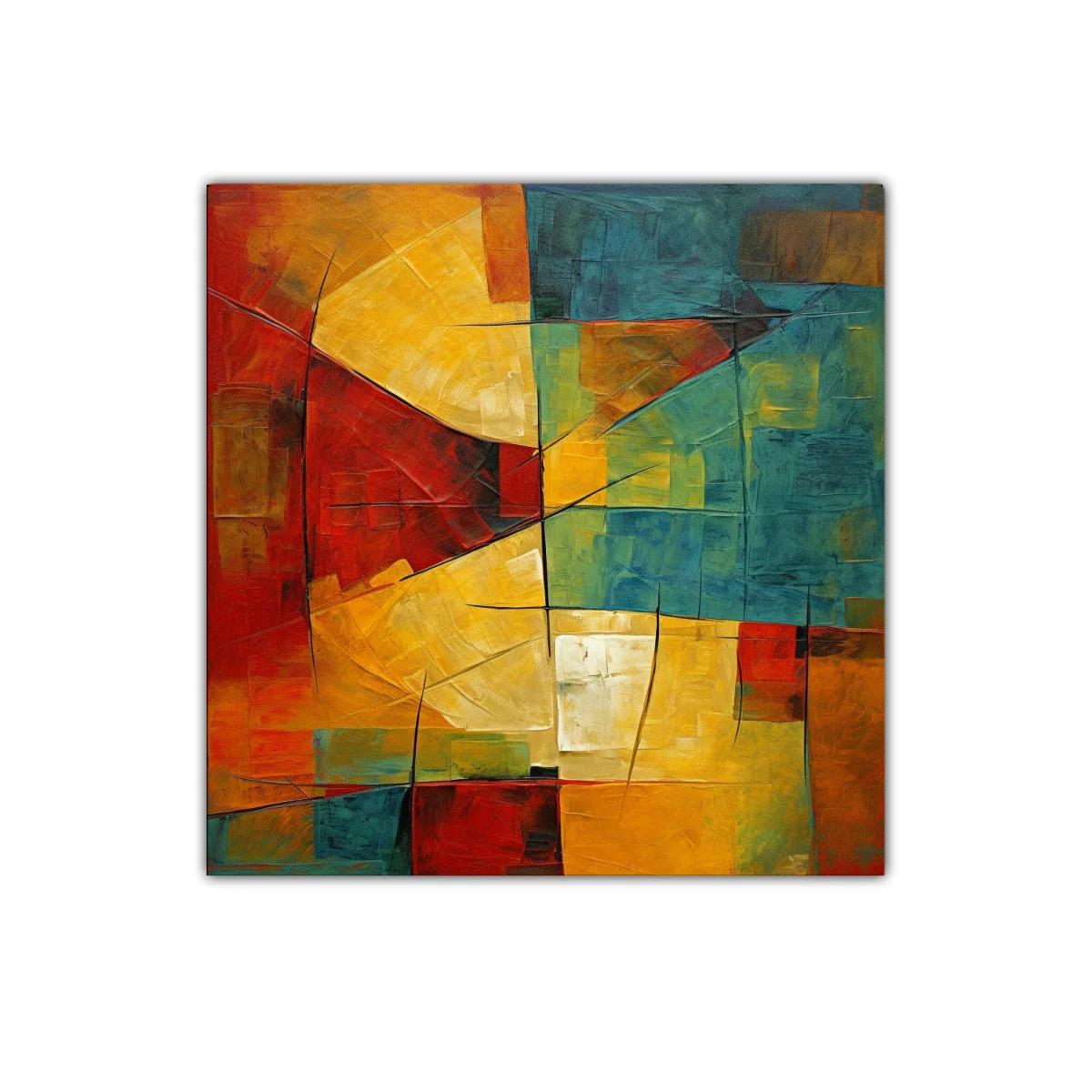 Cuadro abstracto con formas geométricas en tonos cálidos y fríos