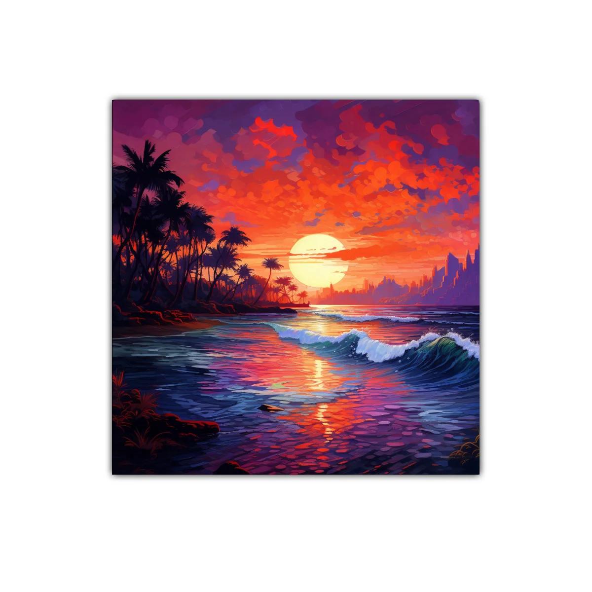 Atardecer vibrante sobre la costa tropical con palmeras
