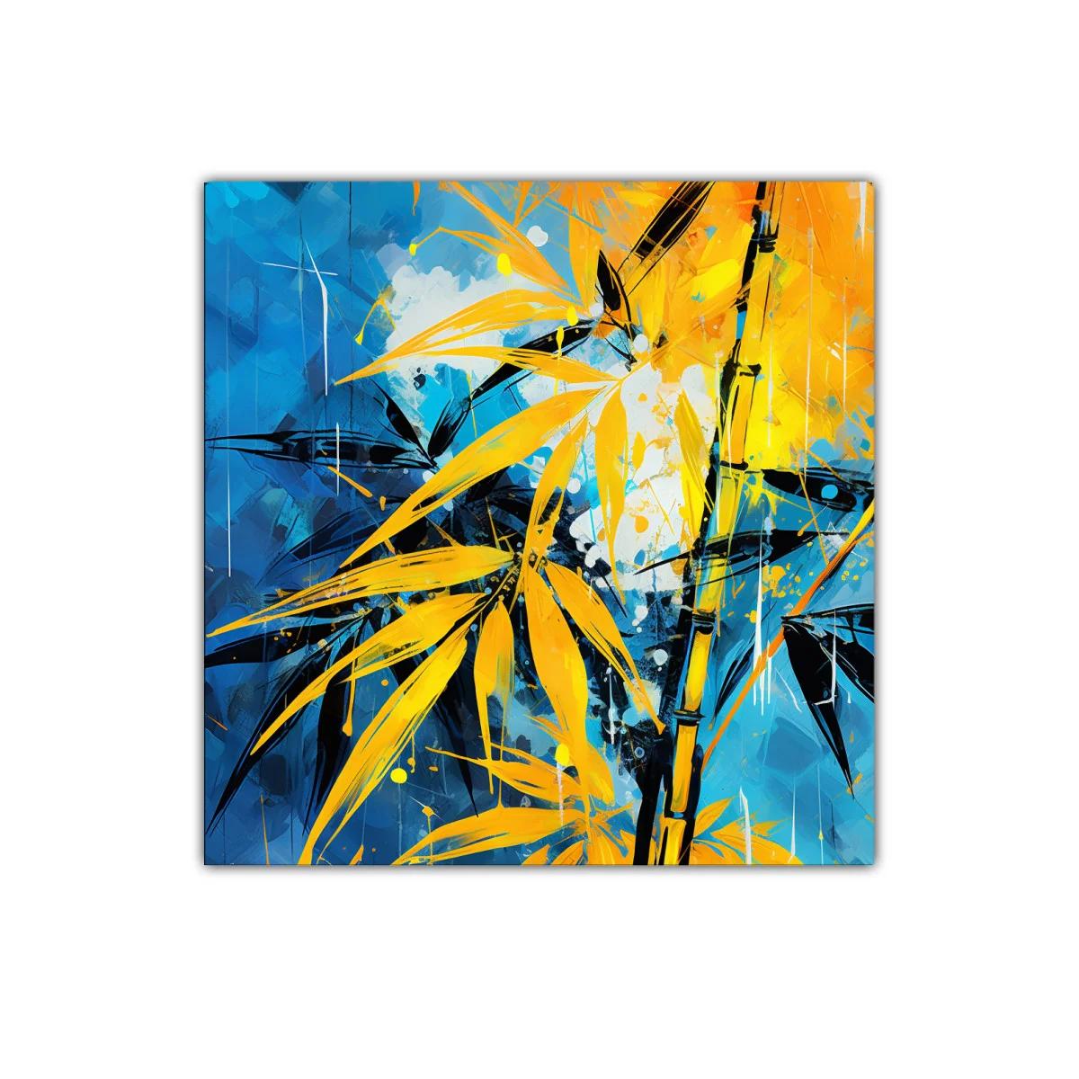 Cuadro artístico de hojas amarillas sobre fondo azul vibrante — imagen principal