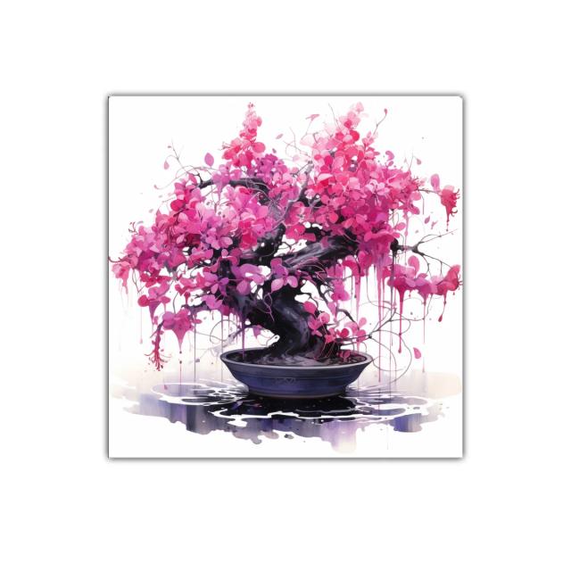 Bonsái en flor rosa vibrante sobre fondo luminoso blanco