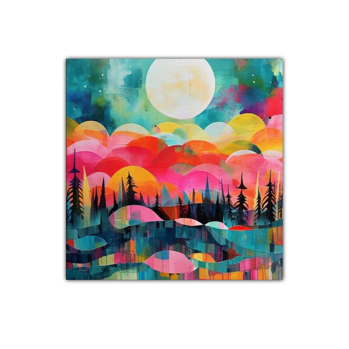 Paisaje abstracto con luna llena y árboles silueteados — imagen principal