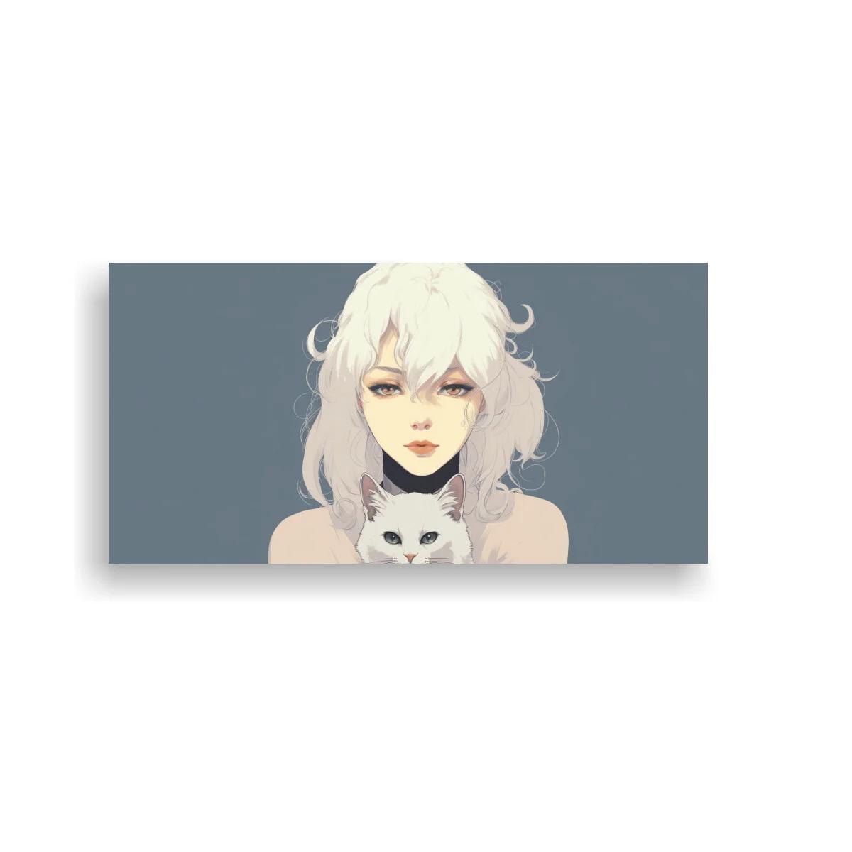 Cuadro mujer joven de cabello blanco con gato blanco