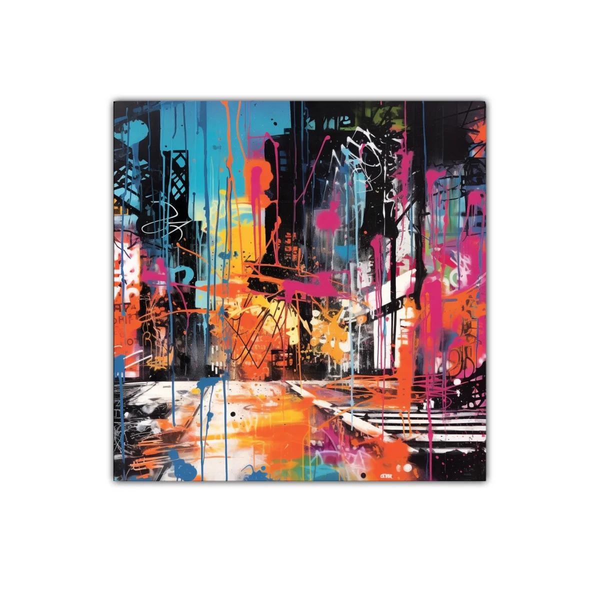 Arte urbano vibrante con explosión de color y movimiento