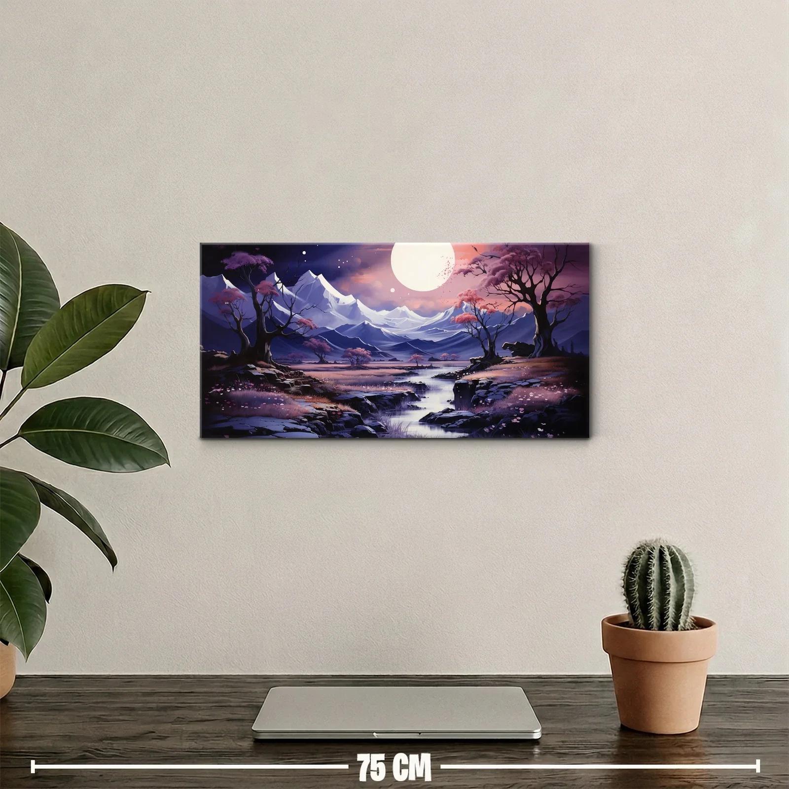 Cuadro paisaje de montaña con luna grande y río serpenteante — miniatura 2