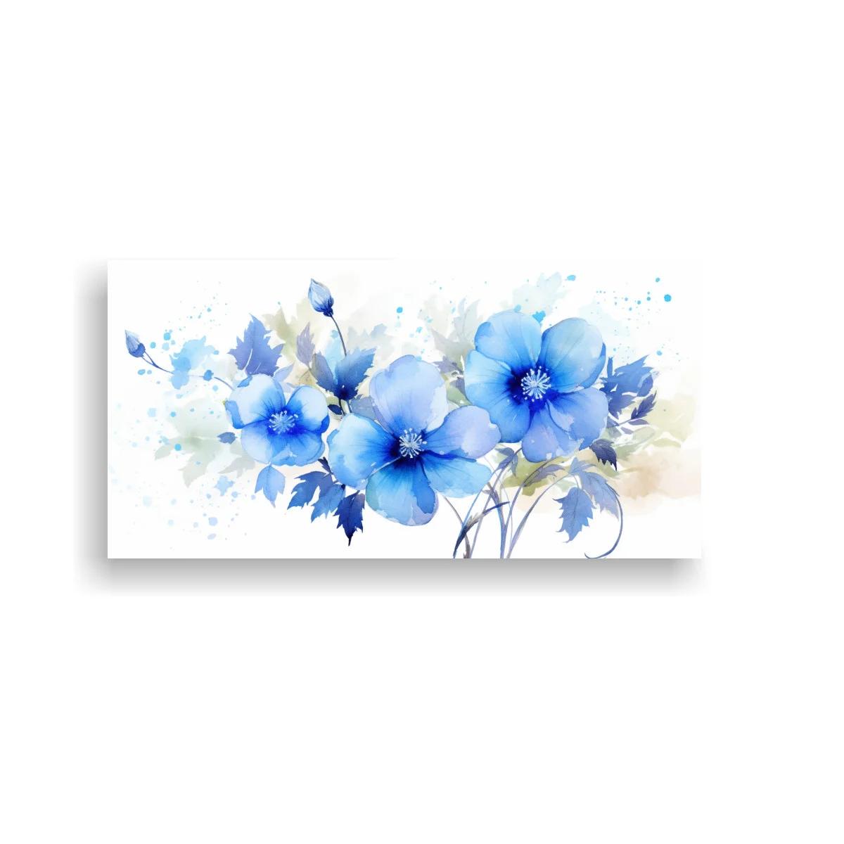 Cuadro flores azules en acuarela con hojas dentadas