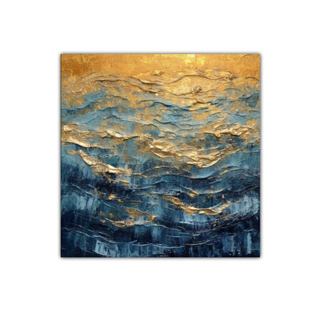 Cuadro abstracto con tonos dorados y azules vibrantes
