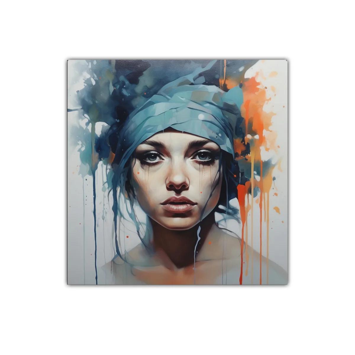 Retrato femenino con tonos azules y naranjas expresivos — imagen principal