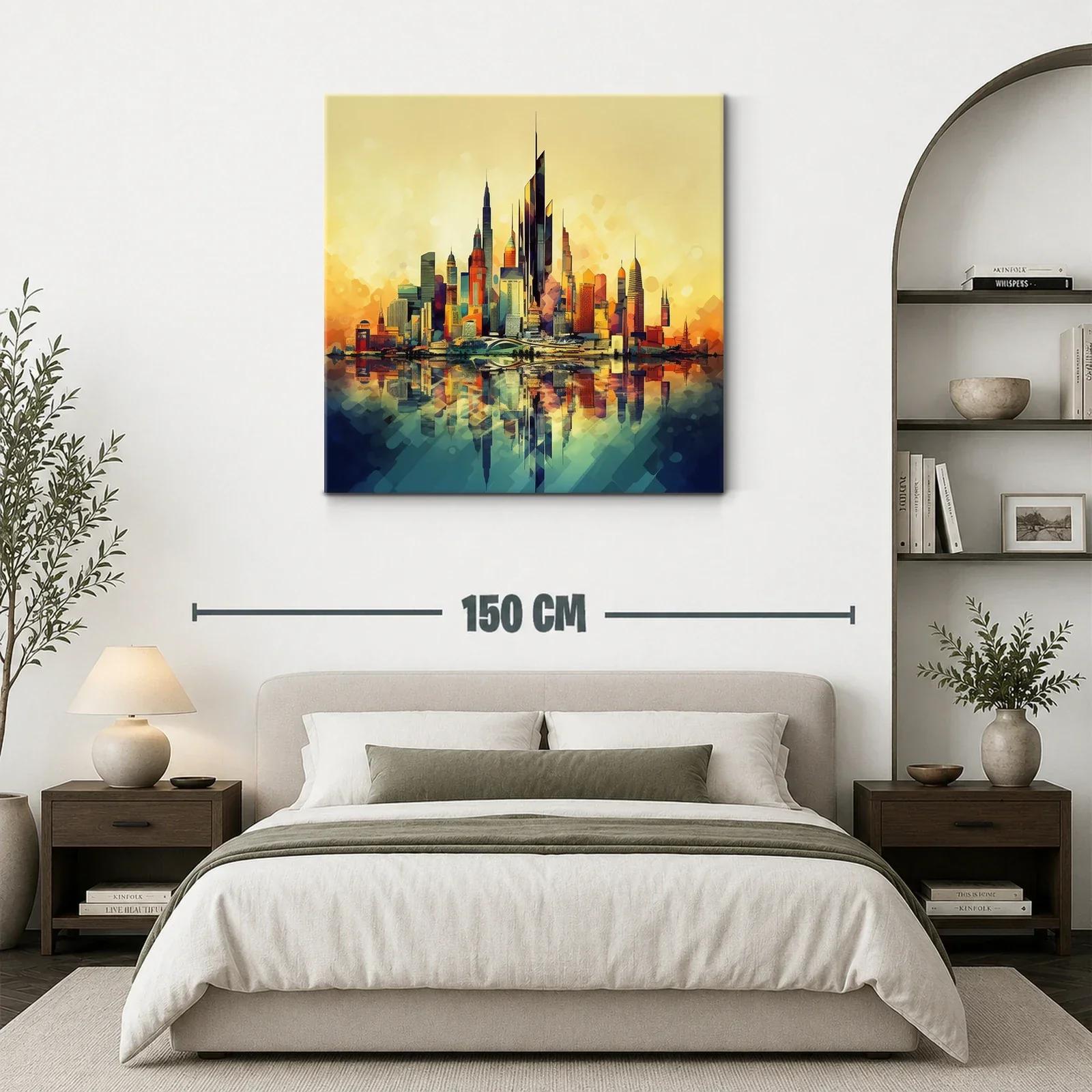 Vibrante ciudad futurista con reflejos al atardecer — miniatura 3