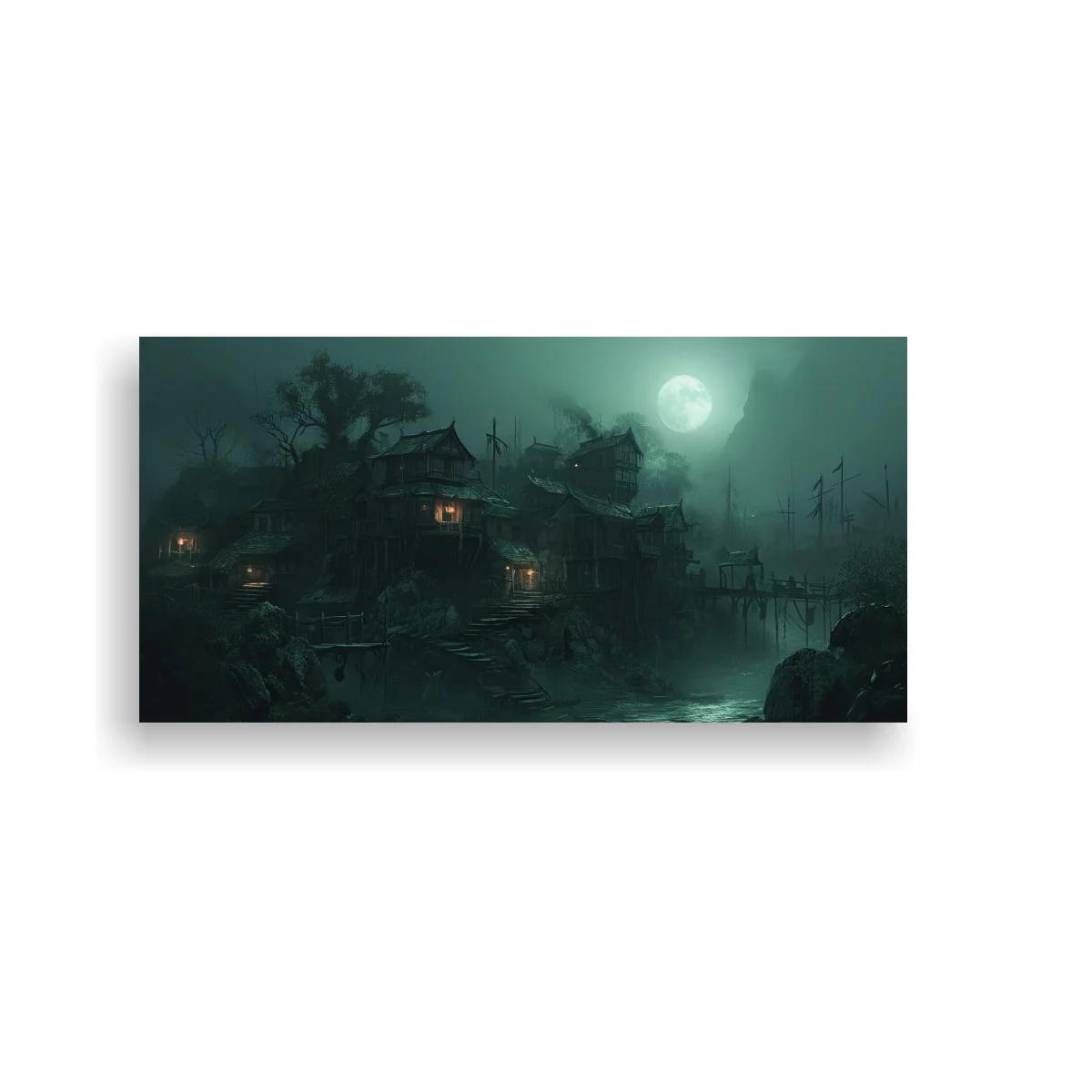 Cuadro pueblo costero oscuro con luna y niebla