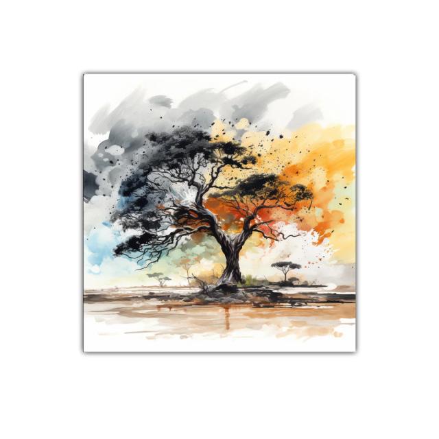Árbol solitario con explosión de colores cálidos y fríos
