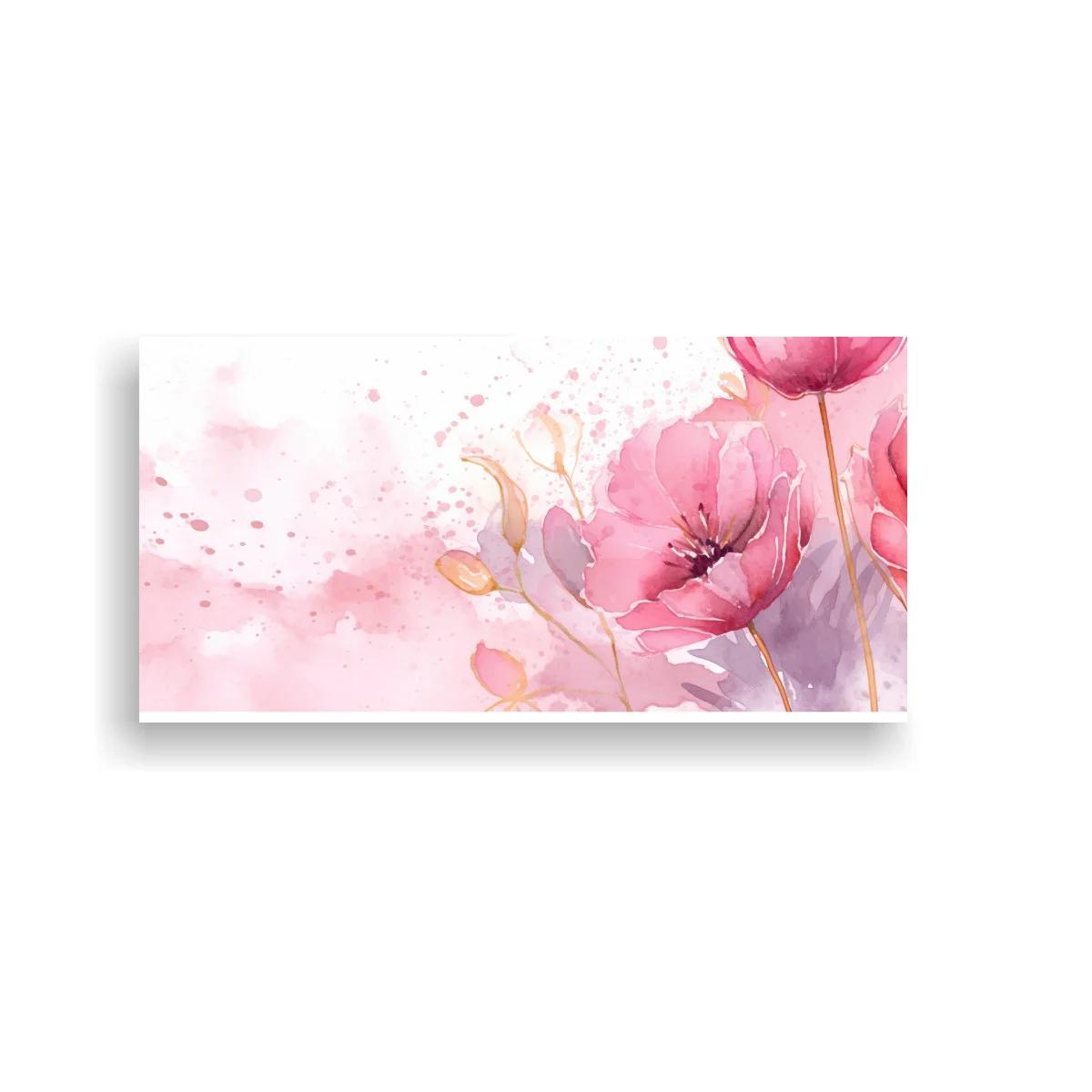 Cuadro amapolas rosas con hojas doradas