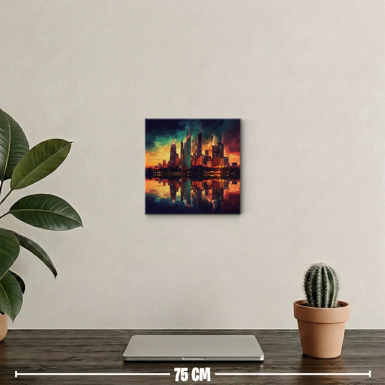 Atardecer vibrante sobre ciudad con reflejo en agua — miniatura 2