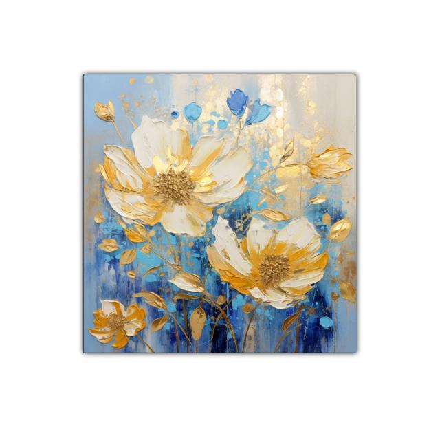 Cuadro floral con tonos dorados y azules vibrantes