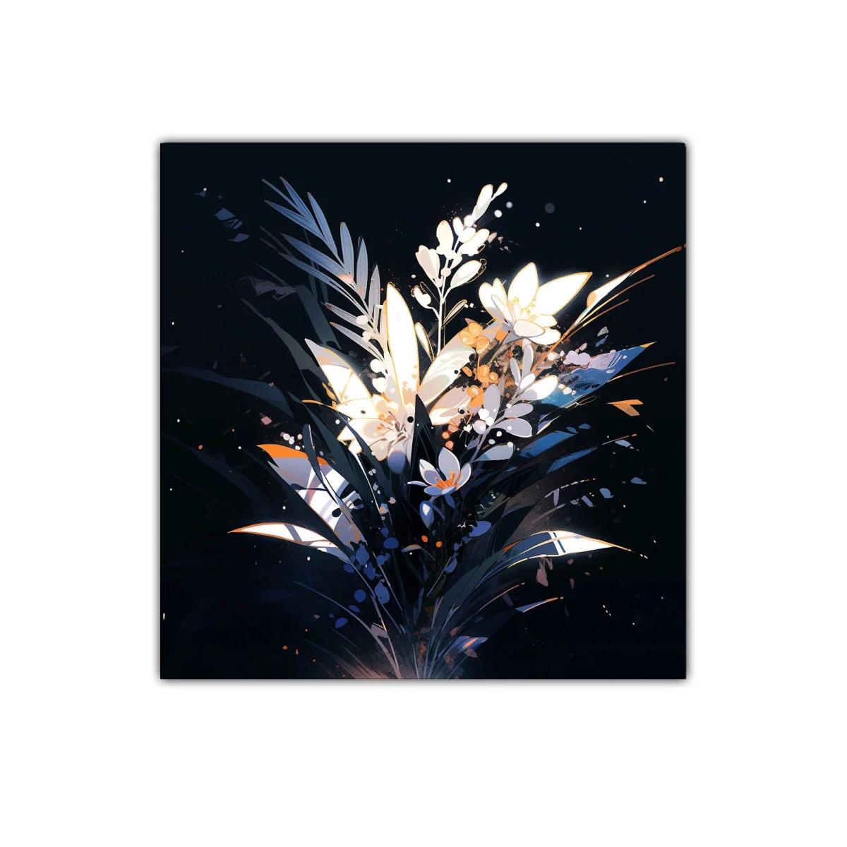 Cuadro moderno con ramo floral iluminado sobre fondo oscuro — imagen principal