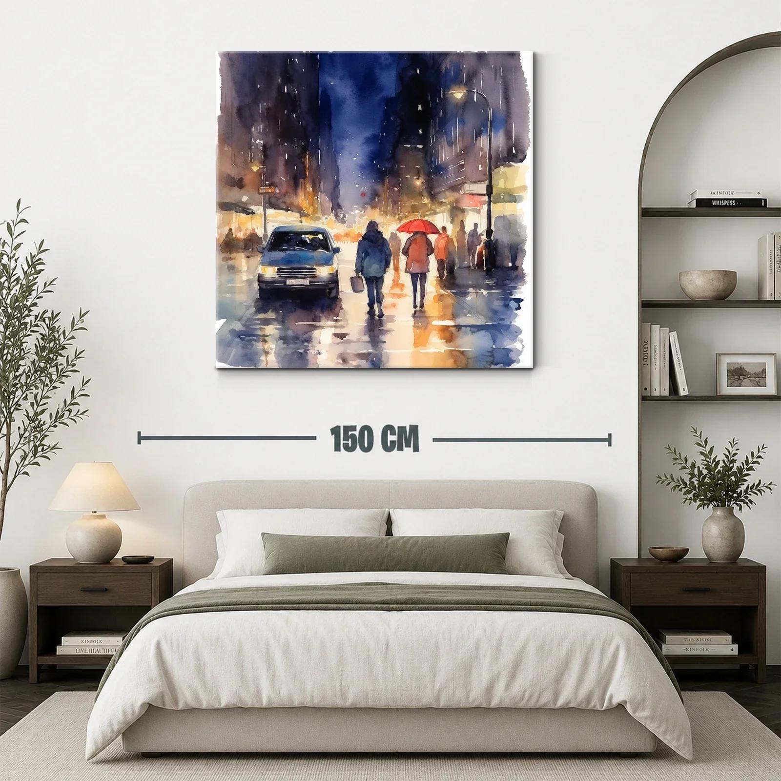 Atardecer lluvioso en ciudad con luces y siluetas urbanas — miniatura 3