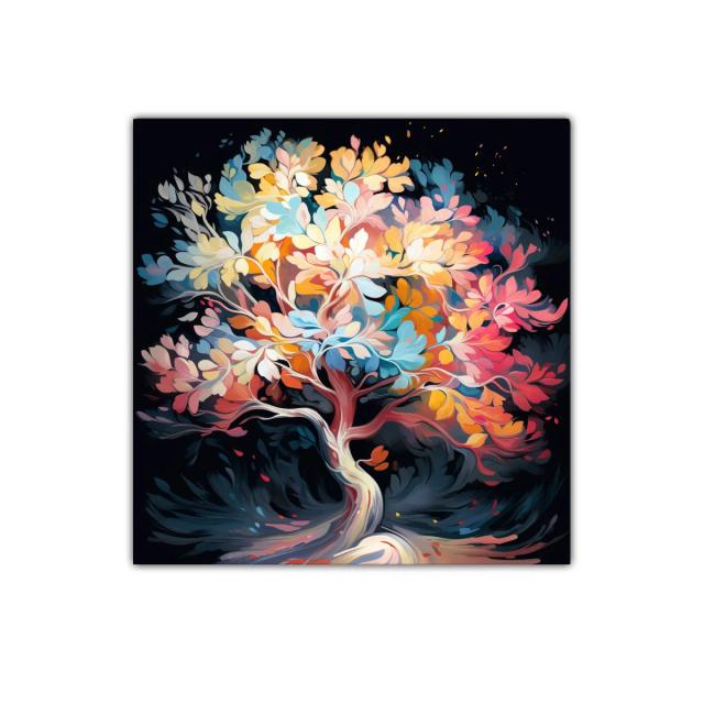 Árbol multicolor lleno de vida con hojas vibrantes y dinámicas